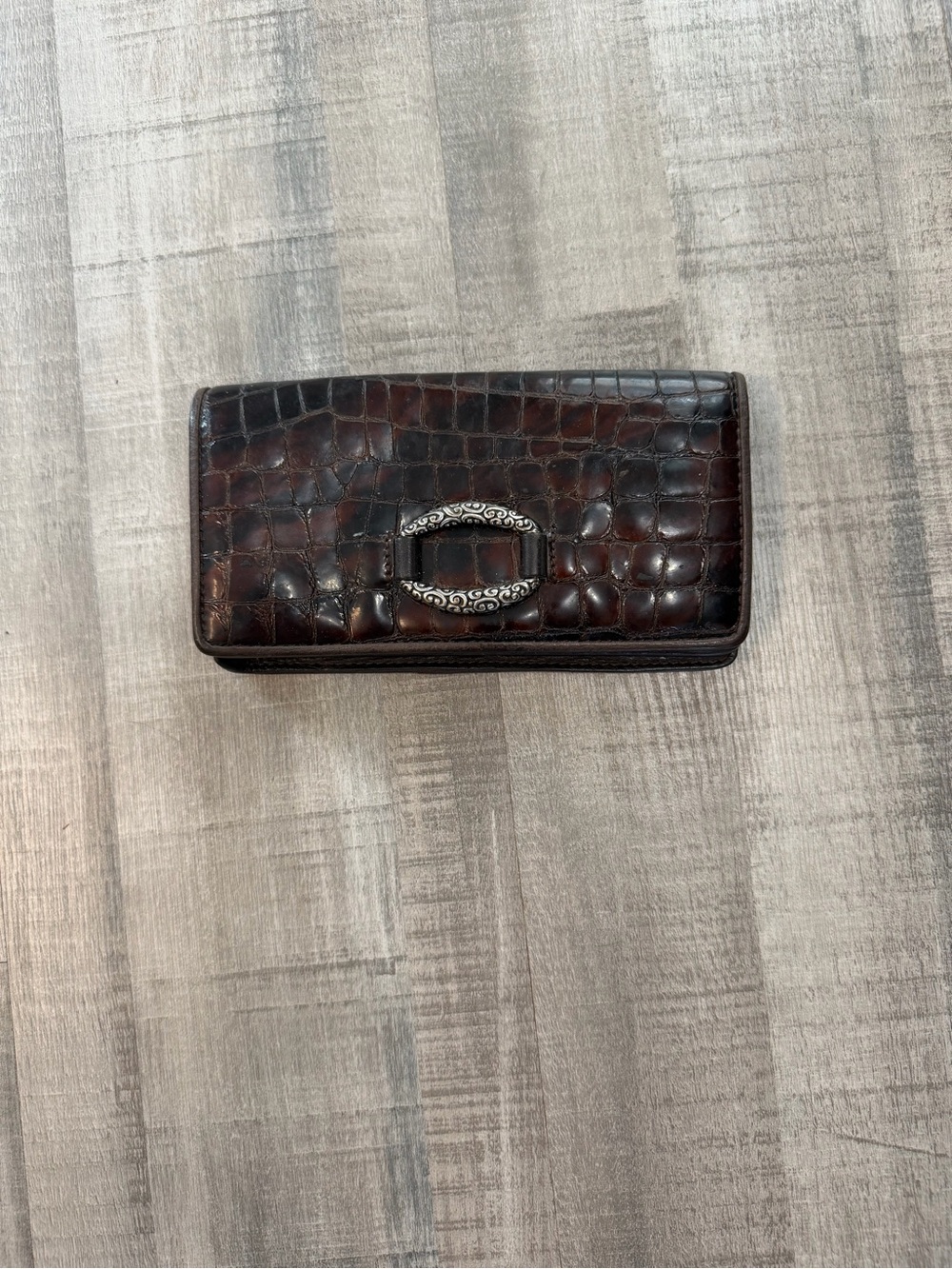 Brighton Brown Croc Embossed Leather Organizer Wallet Clutch Silver Hardware
